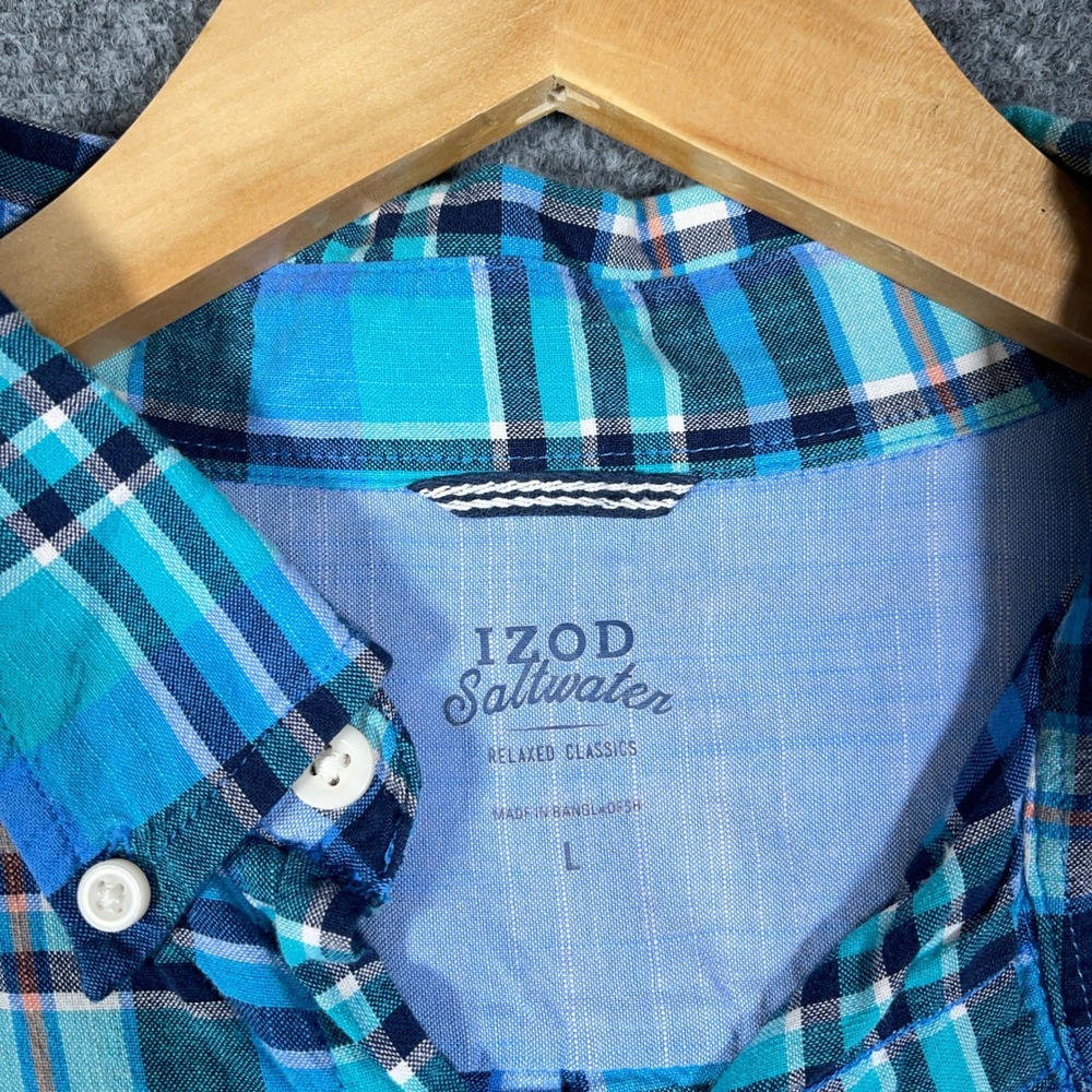 IZOD Saltwater Shirt Mens L Blue‎ Plaid Short Sleeve Relaxed Classics  #AB439 - Picture 3 of 6